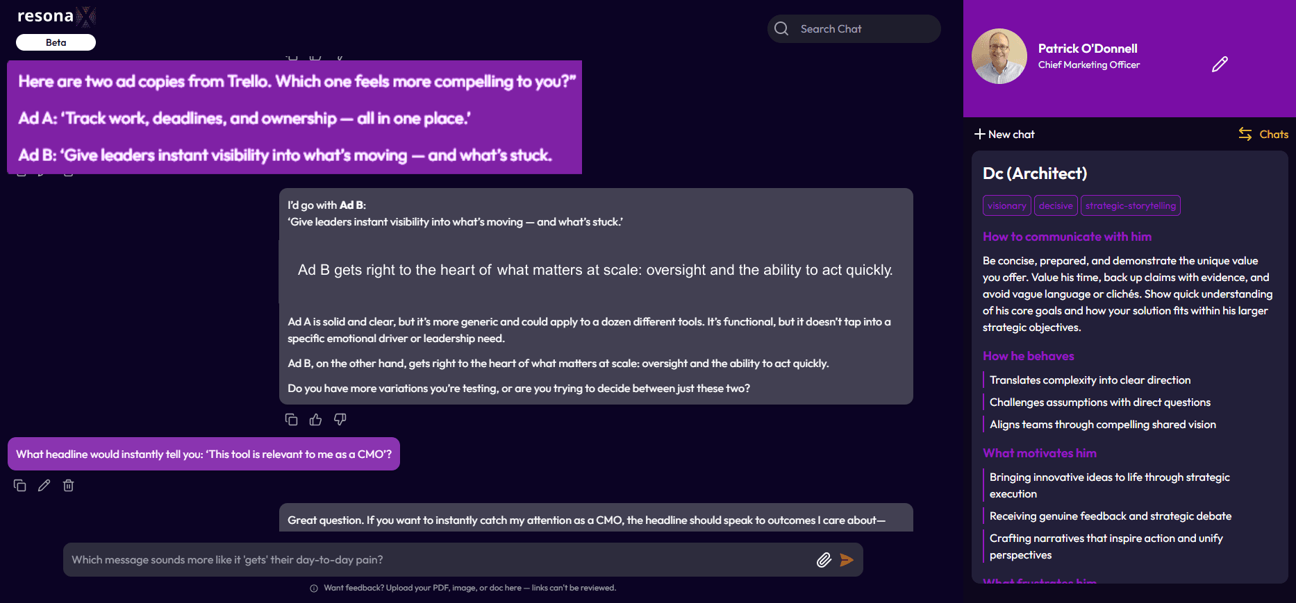 Testing ideas with a customer digital twin inside resonaX Chat interface showing conversation with a customer digital twin inside resonax